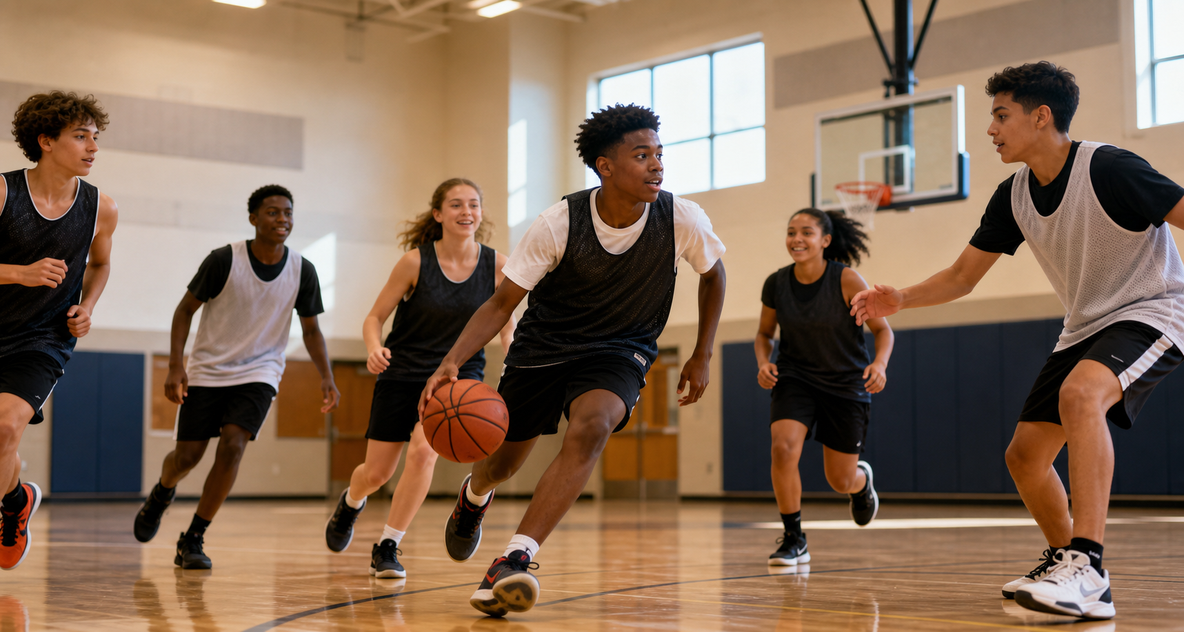 Youth basketball players practicing together in a community gym
